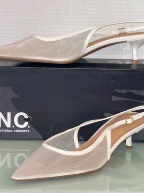 INC International Concepts Mesh Slingback Pumps White Kitten Heel Size 11